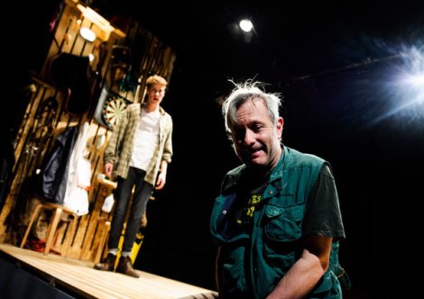 Dan Parr (Jim). David Crellin (Sam). Snuffbox Theatre Company presents Weald by Daniel Foxsmith at the Finborough Theatre. Director: Bryony Shanahan. Lighting: Seth Rook Williams. Photo (c) Alex Brenner, credit mandatory.